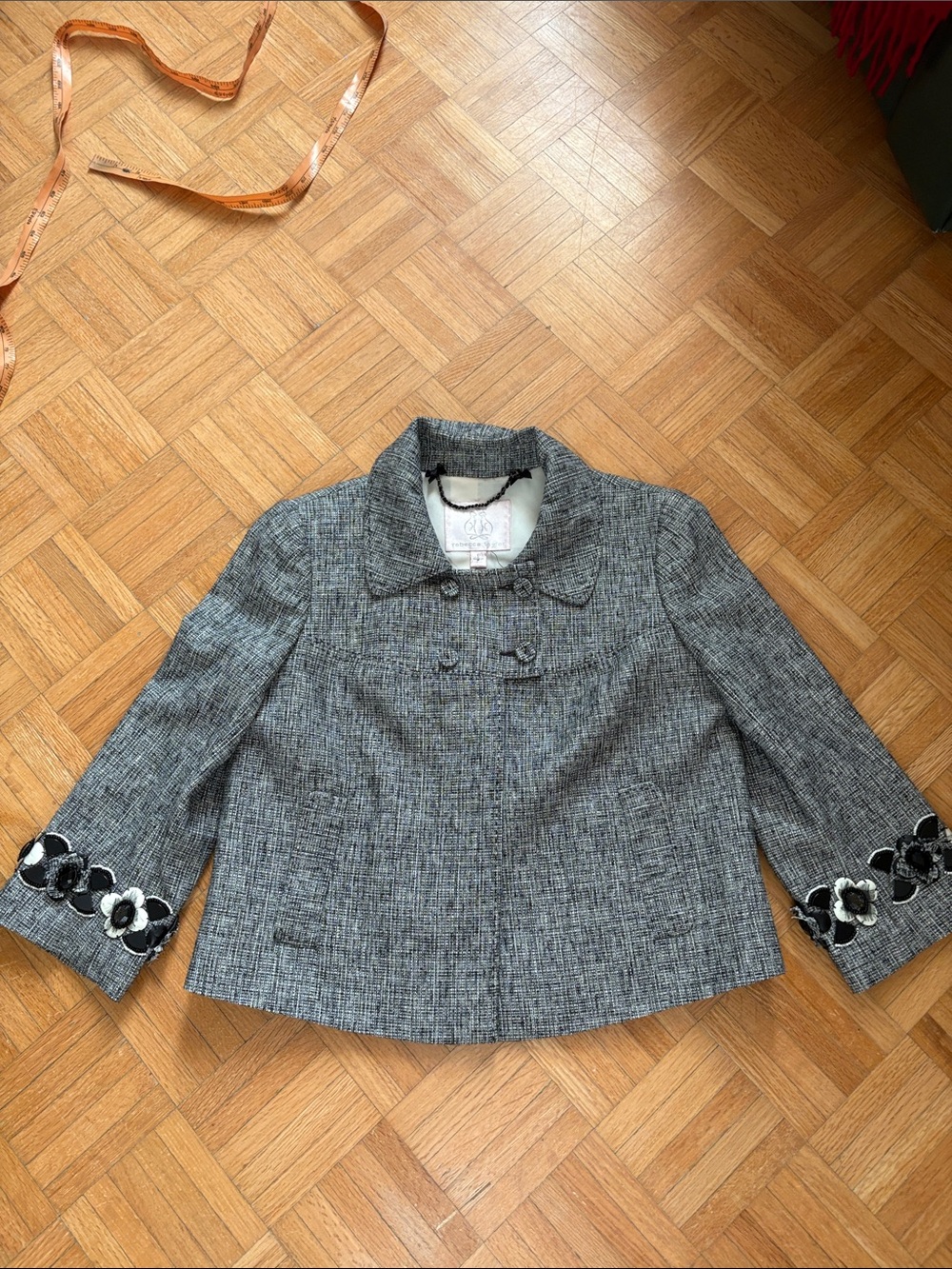 Rebecca Taylor Gray Women’s Cropped Tweed Jacket with Floral Cuff Detail